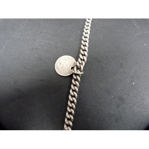 40 - Silver watch chain with 1884 one dime coin and an agricultural medal attached, silver weight 32g (ex... 