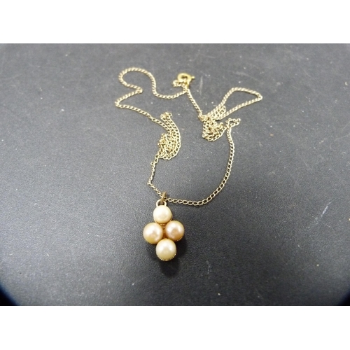 48 - 9ct gold-mounted and pearl pendant on a yellow metal chain.