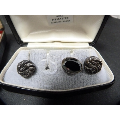 52 - Signet sterling silver cufflink set, boxed, late Victorian silver and gold fob, silver and moonstone... 