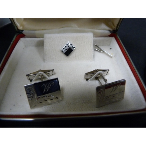 52 - Signet sterling silver cufflink set, boxed, late Victorian silver and gold fob, silver and moonstone... 
