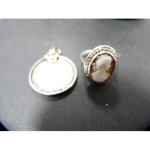 52 - Signet sterling silver cufflink set, boxed, late Victorian silver and gold fob, silver and moonstone... 