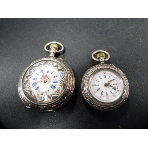 56 - Two continental silver ladies' fob watches with enamel dials, 77g gross.&nbsp; (2)
