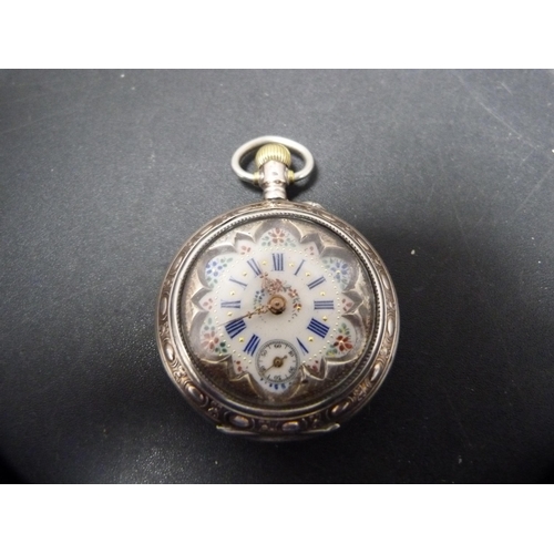 56 - Two continental silver ladies' fob watches with enamel dials, 77g gross.&nbsp; (2)