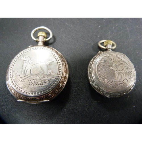 56 - Two continental silver ladies' fob watches with enamel dials, 77g gross.&nbsp; (2)