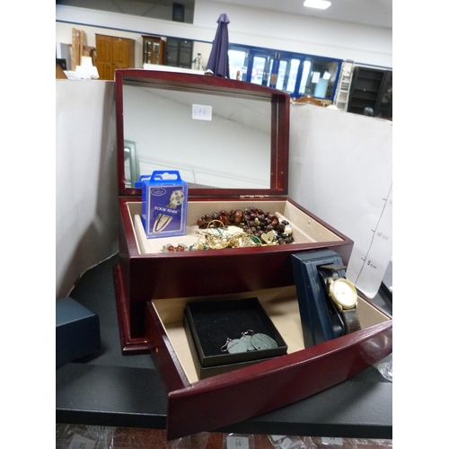 64A - Jewellery box containing a small 9ct gold cross pendant, costume jewellery, Sekonda wristwatch, bead... 