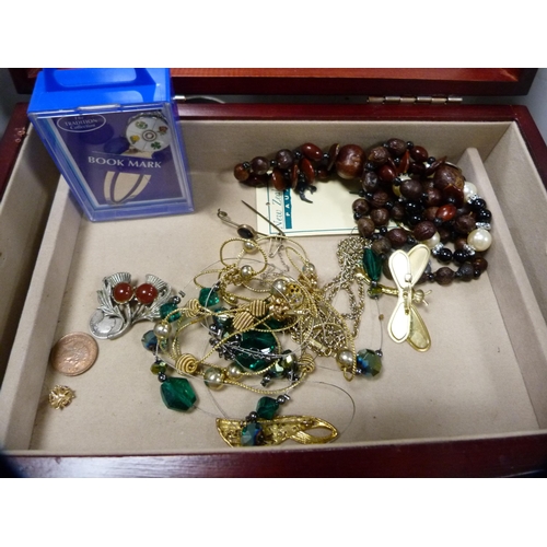 64A - Jewellery box containing a small 9ct gold cross pendant, costume jewellery, Sekonda wristwatch, bead... 