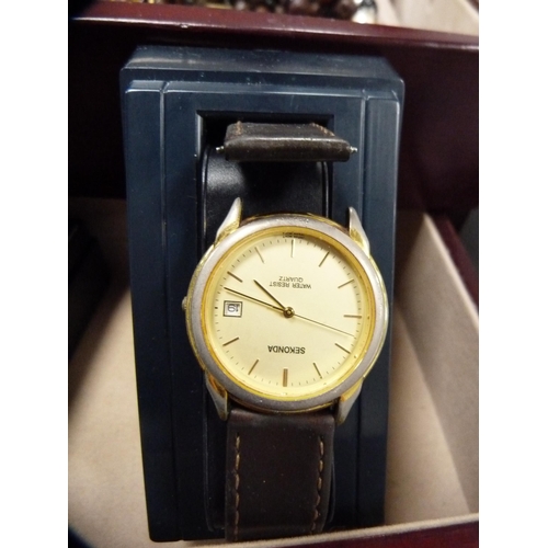 64A - Jewellery box containing a small 9ct gold cross pendant, costume jewellery, Sekonda wristwatch, bead... 