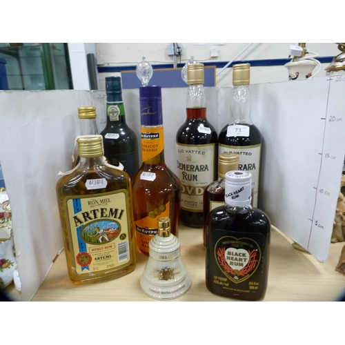 71 - Group of liqueurs to include two bottles of OVD Demerara Rum 70 proof, bottle of ruby port, apricot ... 