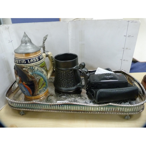 72 - EP galleried tray, beer stein, tankard and a Minolta camera.  (4)