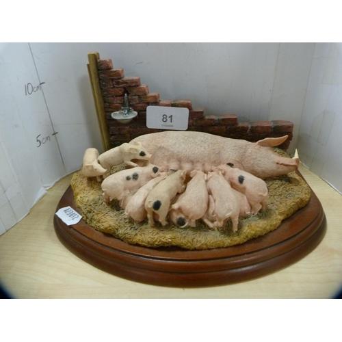 81 - Border Fine Arts model of a pig and piglets feeding, designed by Hans Kendrick, on a fixed plinth ba... 
