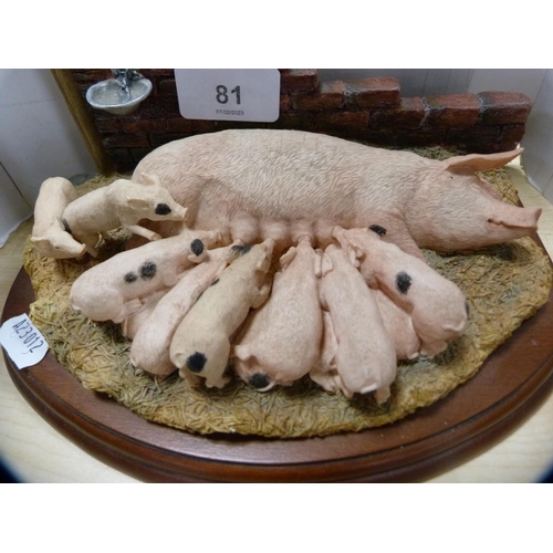 81 - Border Fine Arts model of a pig and piglets feeding, designed by Hans Kendrick, on a fixed plinth ba... 