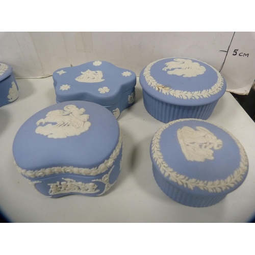 88 - Group of Wedgwood blue Jasper ware, mainly trinket boxes of various shapes.&nbsp; (11)