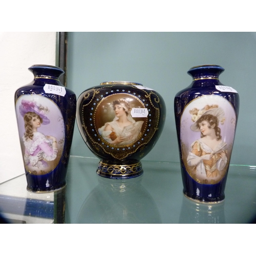 9 - Royal Vienna cobalt blue oviform vase decorated with a female figure to the front, and a pair of sim... 