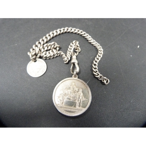 40 - Silver watch chain with 1884 one dime coin and an agricultural medal attached, silver weight 32g (ex... 