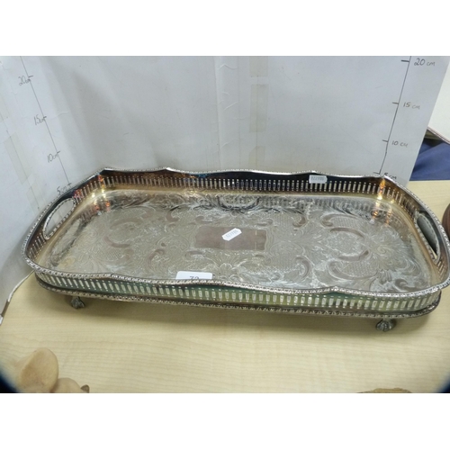 72 - EP galleried tray, beer stein, tankard and a Minolta camera.  (4)