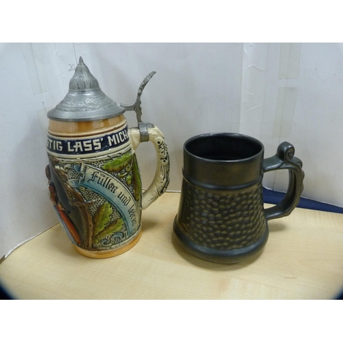 72 - EP galleried tray, beer stein, tankard and a Minolta camera.  (4)