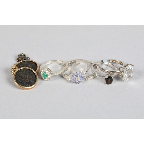 87 - Pair of yellow metal mounted 'coin' earrings; together with five silver dress stone set rings&nbsp;