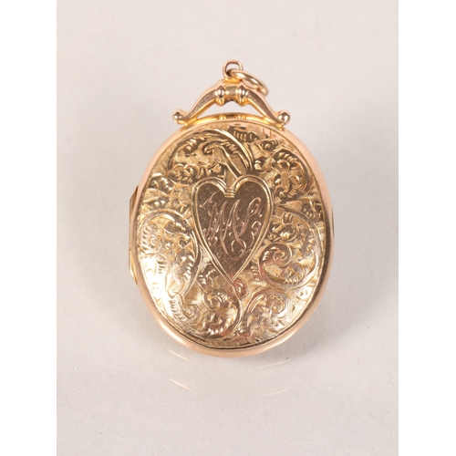 119 - 9 carat yellow gold engraved oval locket; 4.5cm long; 5.8g gross weight
