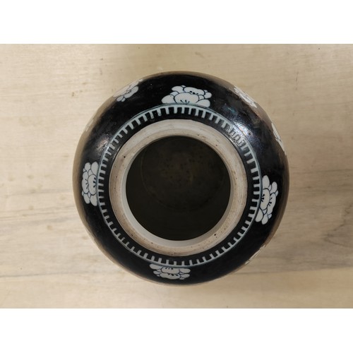 33 - Chinese Famille Noire Ginger jar and cover, 28cm tall