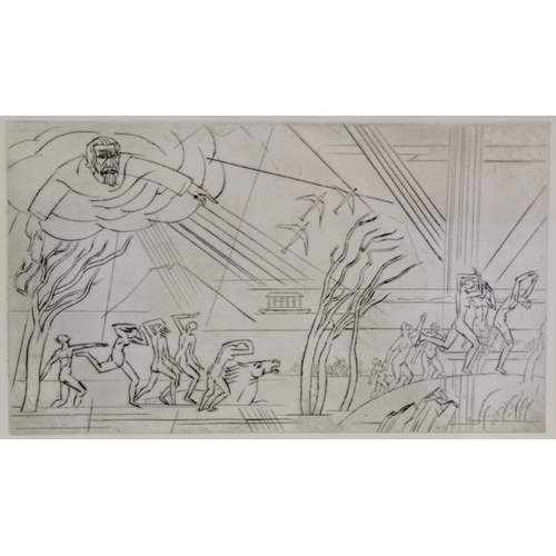 206 - Early to mid 20th century Modernist monochrome etching depicting the Great Flood and Noah's Ark. 30c... 