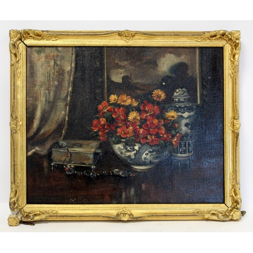 211 - Late 19th/Early 20th Century School.Still life of flowers, vase and trinket box.Oil on canvas.41cm x... 