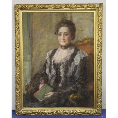 213 - Edwardian School.Three quarter length portrait of a seated lady in mourning dress.Chalk pastels.100c... 