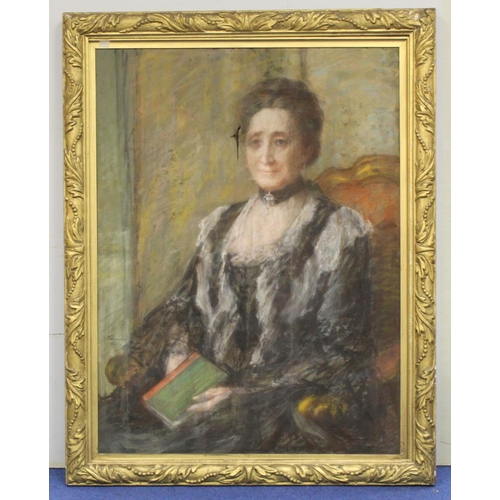 213 - Edwardian School.Three quarter length portrait of a seated lady in mourning dress.Chalk pastels.100c... 