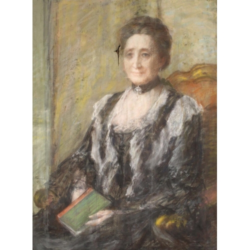 213 - Edwardian School.Three quarter length portrait of a seated lady in mourning dress.Chalk pastels.100c... 