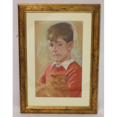 216 - Edward Wolfe (British 1896-1981).Portrait of a boy holding a cat.Chalk pastels on buff paper.43cm x ... 