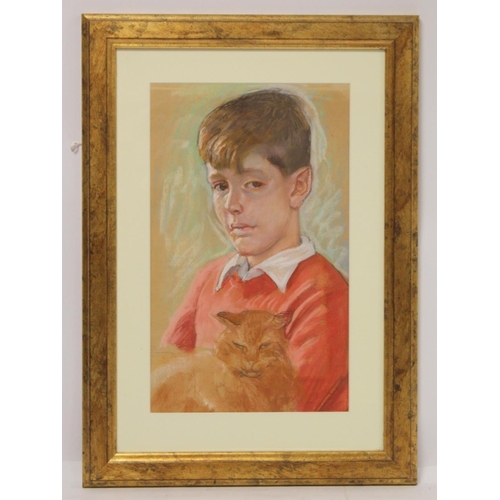 216 - Edward Wolfe (British 1896-1981).Portrait of a boy holding a cat.Chalk pastels on buff paper.43cm x ... 