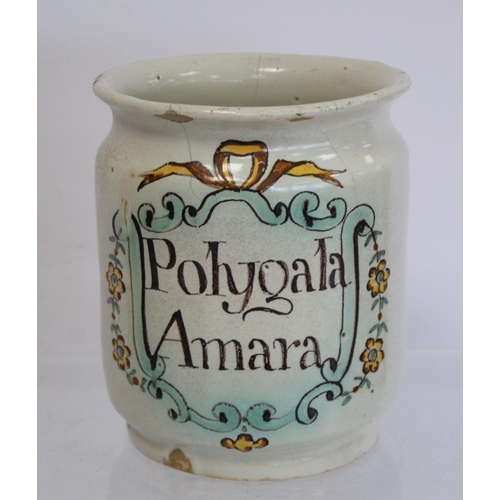 221 - Continental maiolica tin glazed earthenware apothecary wet drug jar of cylindrical form, the polychr... 