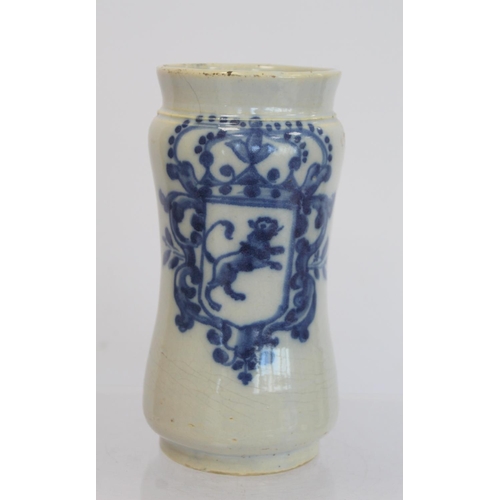 222 - Continental maiolica tin glazed earthenware albarello of typical waisted cylindrical form with blue ... 