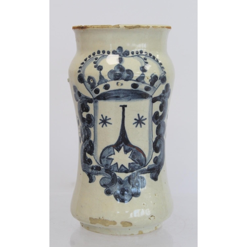 222 - Continental maiolica tin glazed earthenware albarello of typical waisted cylindrical form with blue ... 