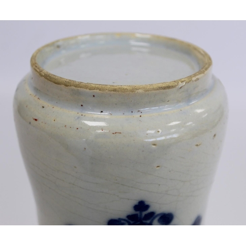 222 - Continental maiolica tin glazed earthenware albarello of typical waisted cylindrical form with blue ... 