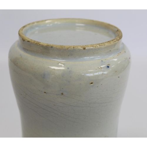 222 - Continental maiolica tin glazed earthenware albarello of typical waisted cylindrical form with blue ... 