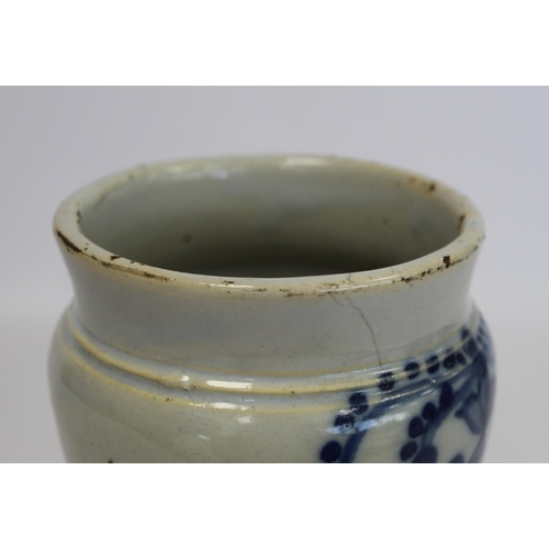 222 - Continental maiolica tin glazed earthenware albarello of typical waisted cylindrical form with blue ... 