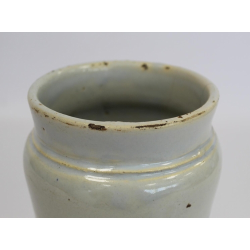 222 - Continental maiolica tin glazed earthenware albarello of typical waisted cylindrical form with blue ... 