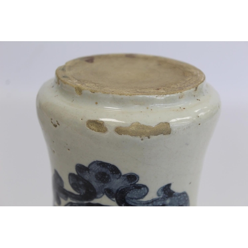 222 - Continental maiolica tin glazed earthenware albarello of typical waisted cylindrical form with blue ... 