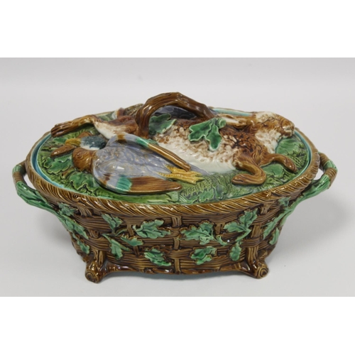 223 - Victorian Minton majolica game pie tureen of twin handled oval form, the relief moulded naturalistic... 