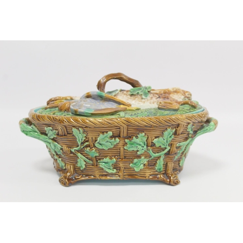 223 - Victorian Minton majolica game pie tureen of twin handled oval form, the relief moulded naturalistic... 