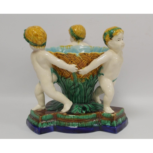 226 - Majolica Minton style table centre piece, the central conical bowl with basketweave and reed moulded... 