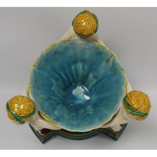 226 - Majolica Minton style table centre piece, the central conical bowl with basketweave and reed moulded... 