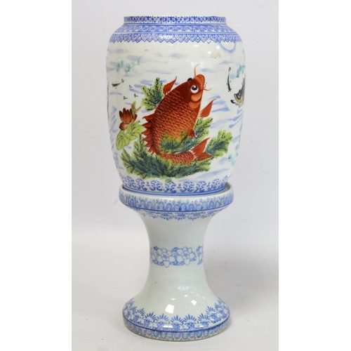 232 - Chinese eggshell porcelain wedding lamp or lantern, the ovoid shade decorated with fish amongst weed... 