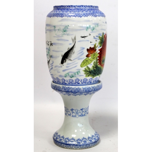 232 - Chinese eggshell porcelain wedding lamp or lantern, the ovoid shade decorated with fish amongst weed... 