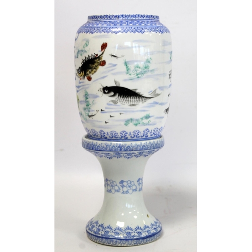 232 - Chinese eggshell porcelain wedding lamp or lantern, the ovoid shade decorated with fish amongst weed... 