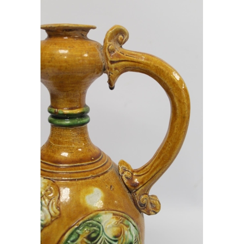 235 - Chinese sancai glazed pottery phoenix head ewer in the Tang dynasty style, the ovoid body with relie... 