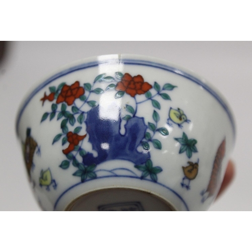 237 - Chinese Doucai porcelain chicken bowl, the base with six character Chenghua mark within double squar... 