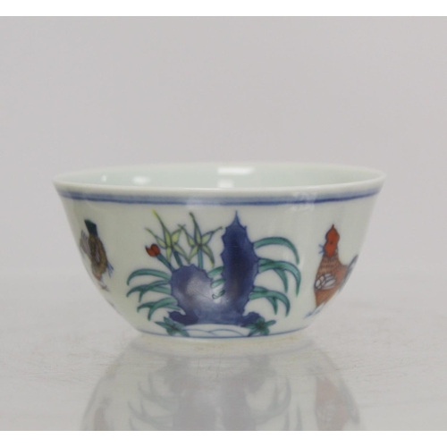 237 - Chinese Doucai porcelain chicken bowl, the base with six character Chenghua mark within double squar... 