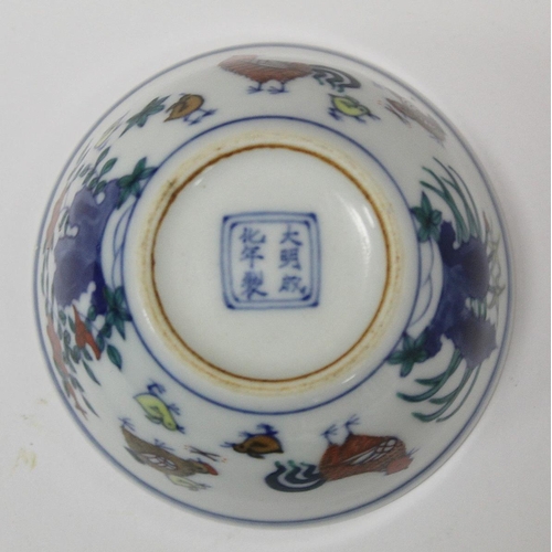 237 - Chinese Doucai porcelain chicken bowl, the base with six character Chenghua mark within double squar... 