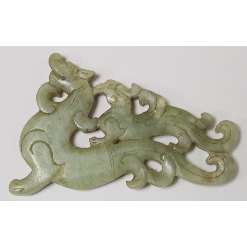 241 - Chinese western Han style celadon jade plaque with pierced and carved decoration depicting a chilong... 